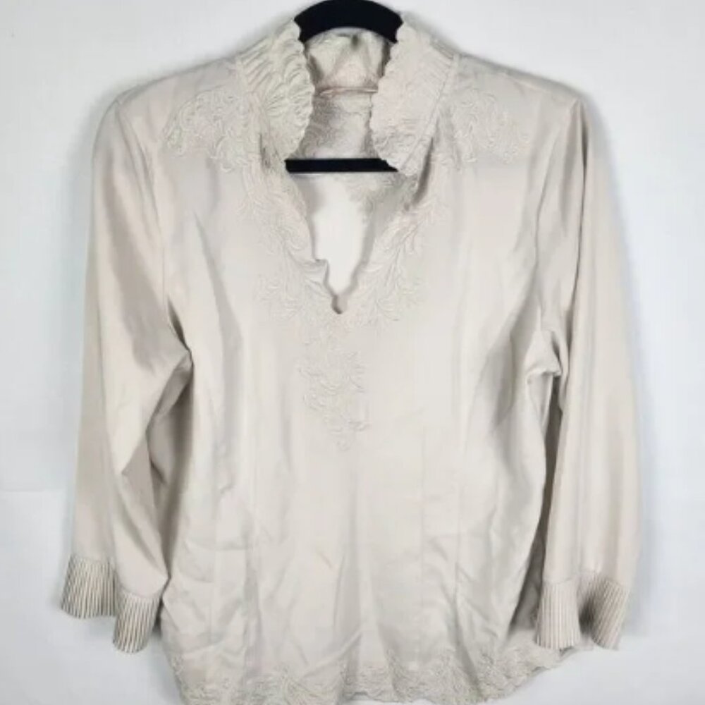 Soft Surroundings Small Blouse stone khaki long sleeve embroidered pleated cuffs